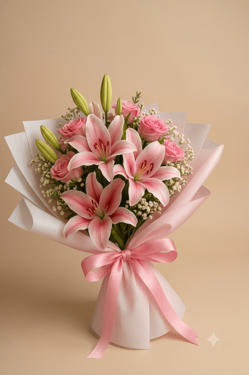 Tulip Tenderness - Pink Lily & Rose Bouquet